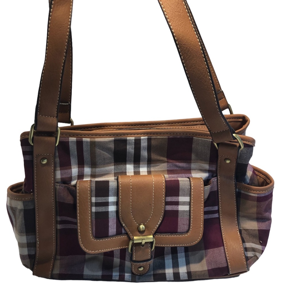 Unbranded Plaid Shoulder bag Purse burgundy and Tan